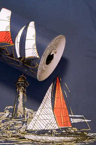 Wallpaper roll showing red and white sailboats with lighthouse on deep navy blue base