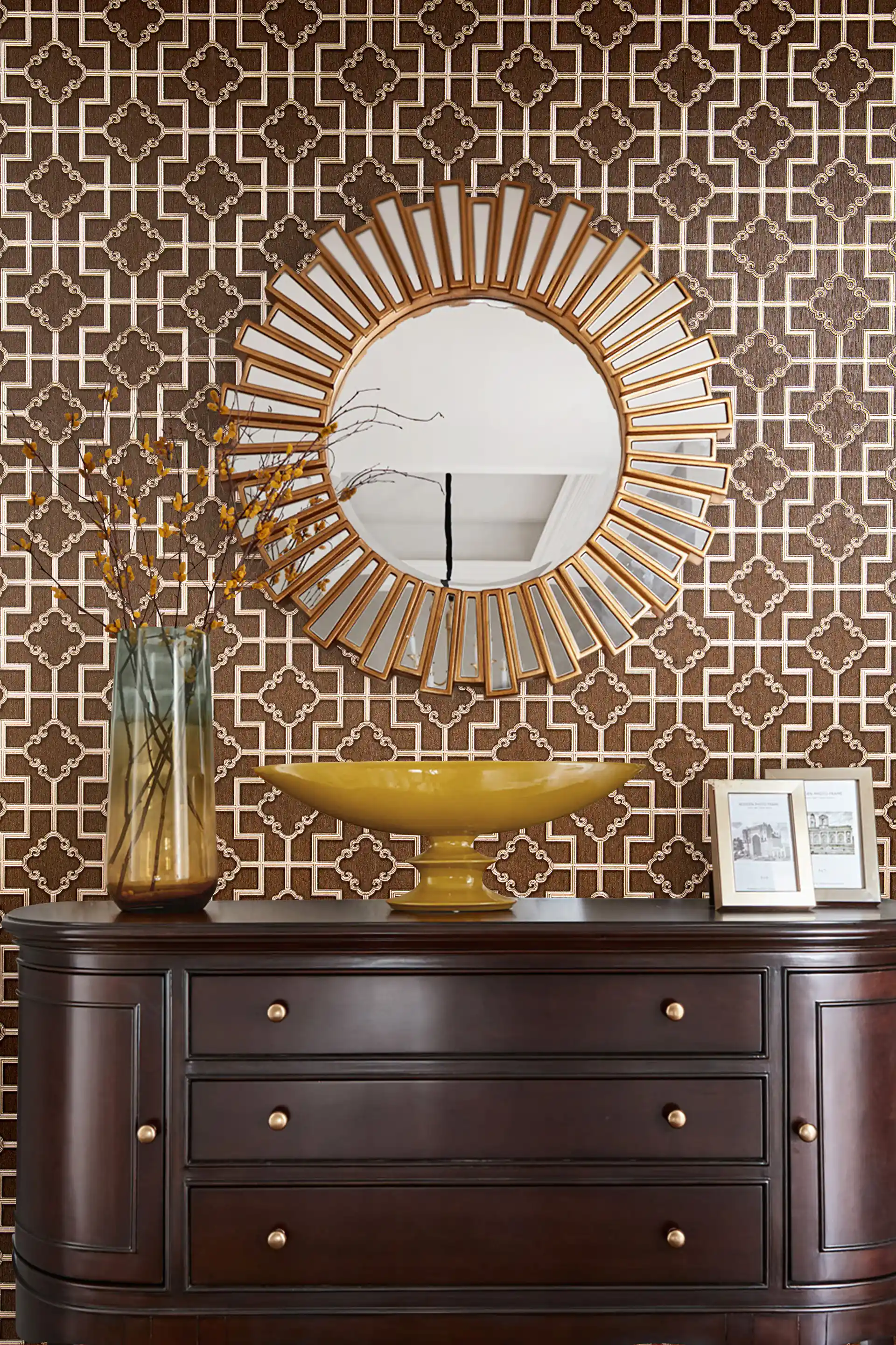 Elegant brown geometric trellis wallpaper with embossed gold quatrefoil accents on dark base