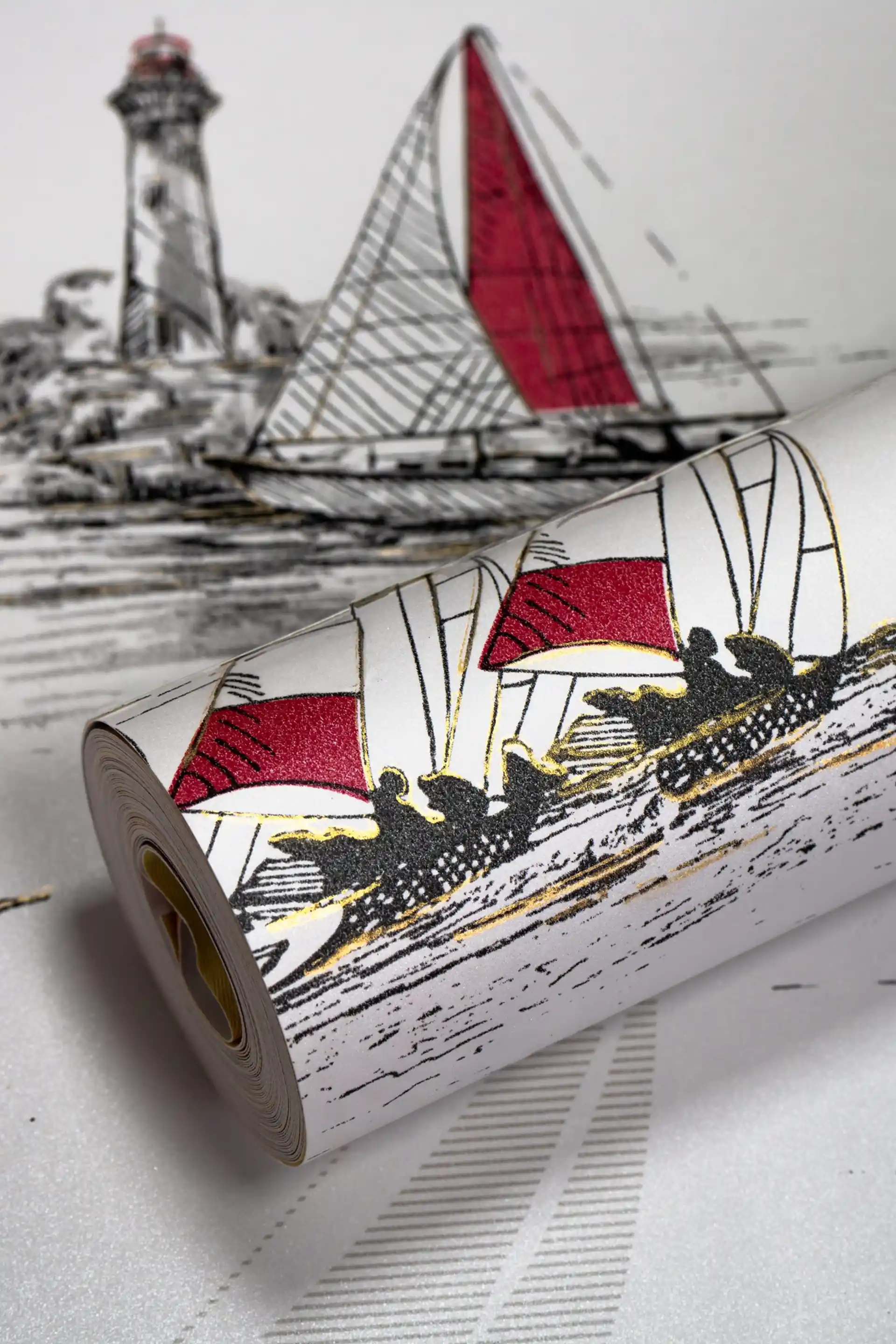 White wallpaper roll with red and white sailboats and lighthouses in nautical sketch style