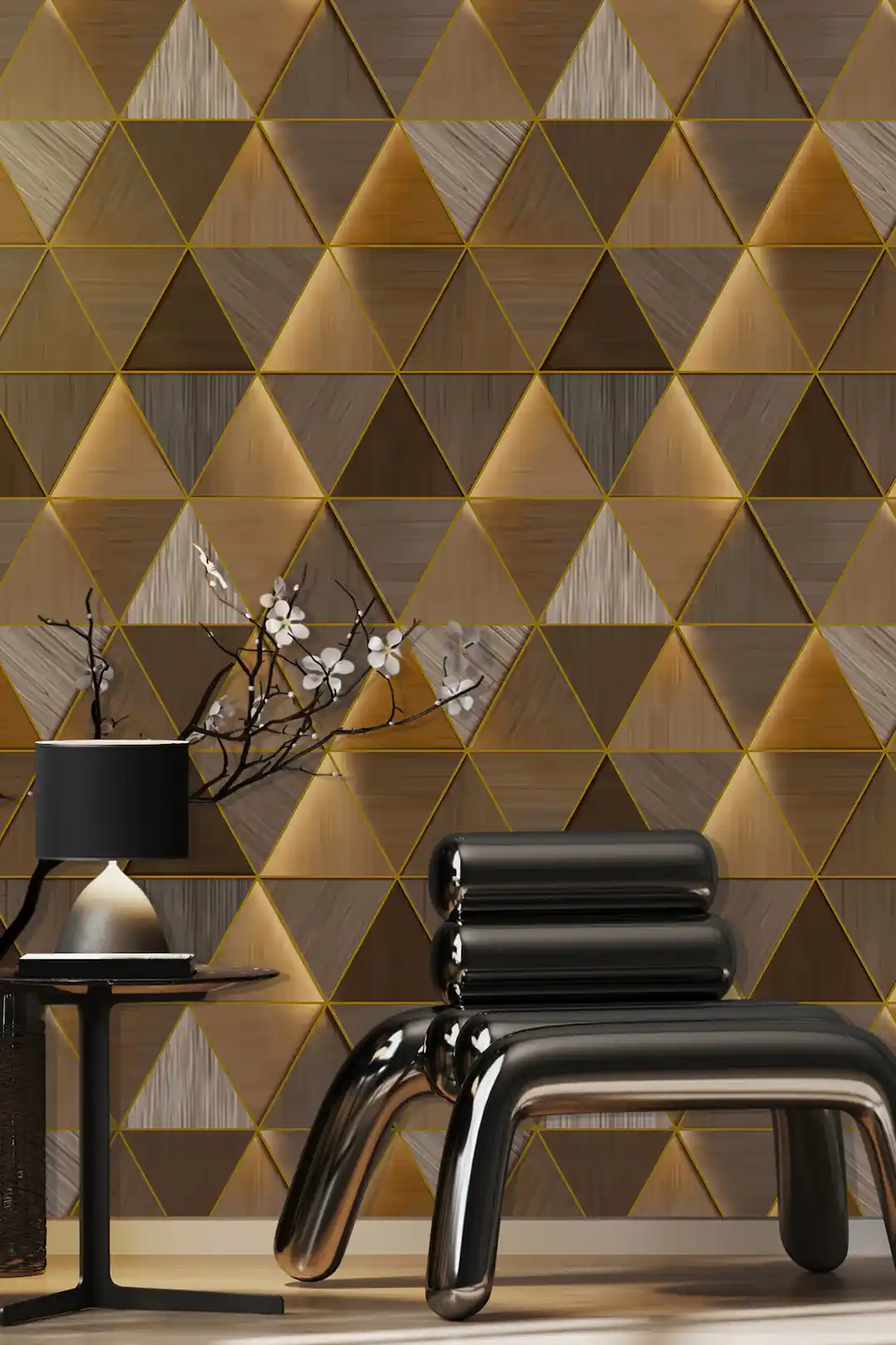 Modern room with 3D gold triangle wallpaper behind sleek black chair and ceramic vase with flowers