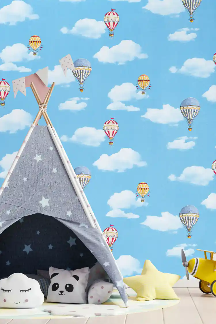 Blue sky wallpaper with colorful hot air balloons and fluffy white clouds in a kids play tent scene