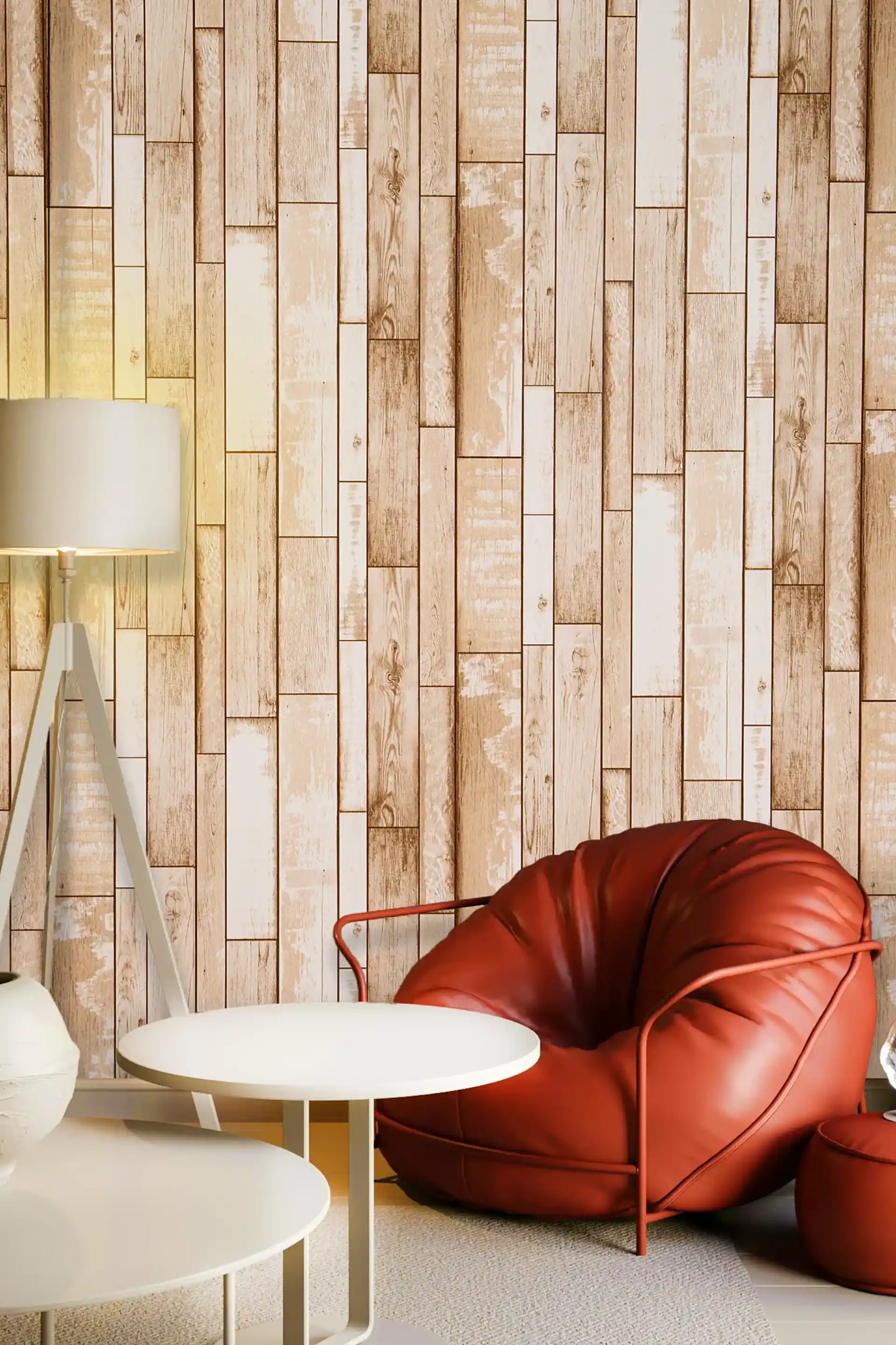 Beige wood plank wallpaper installed in a living room with rustic vertical plank pattern and warm tones