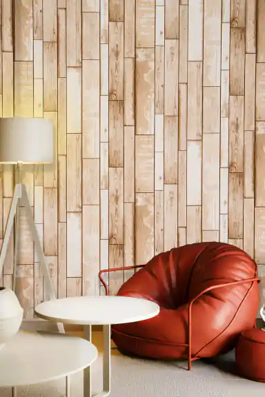 Beige wood plank wallpaper installed in a living room with rustic vertical plank pattern and warm tones