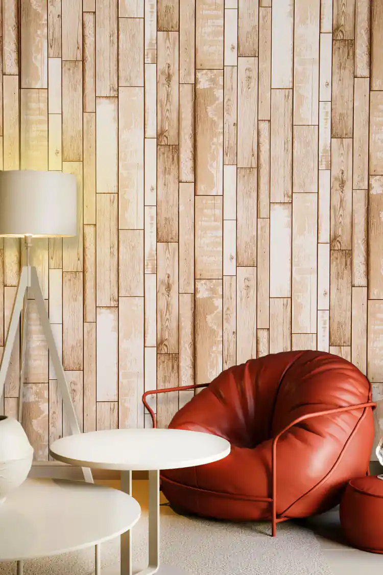 Beige wood plank wallpaper installed in a living room with rustic vertical plank pattern and warm tones
