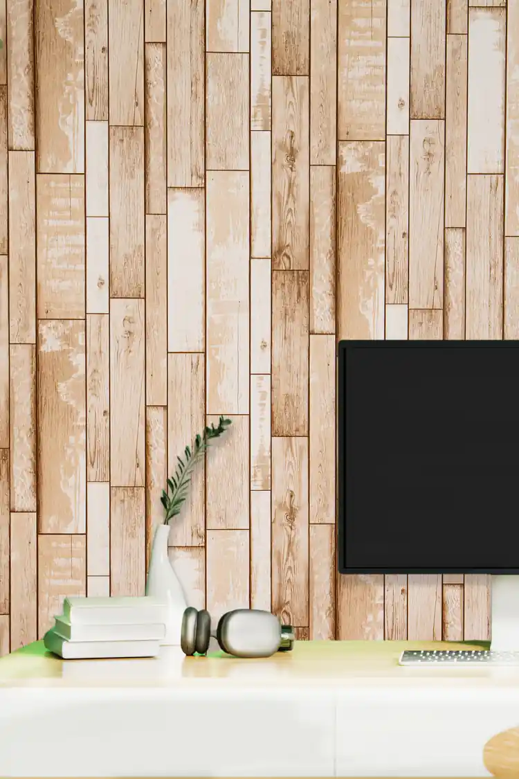 Home office with beige wood plank wallpaper behind desk with monitor, plant, and headphones