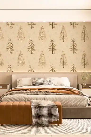 Modern bedroom with gold pine tree wallpaper on cream base behind upholstered bed with earth tones