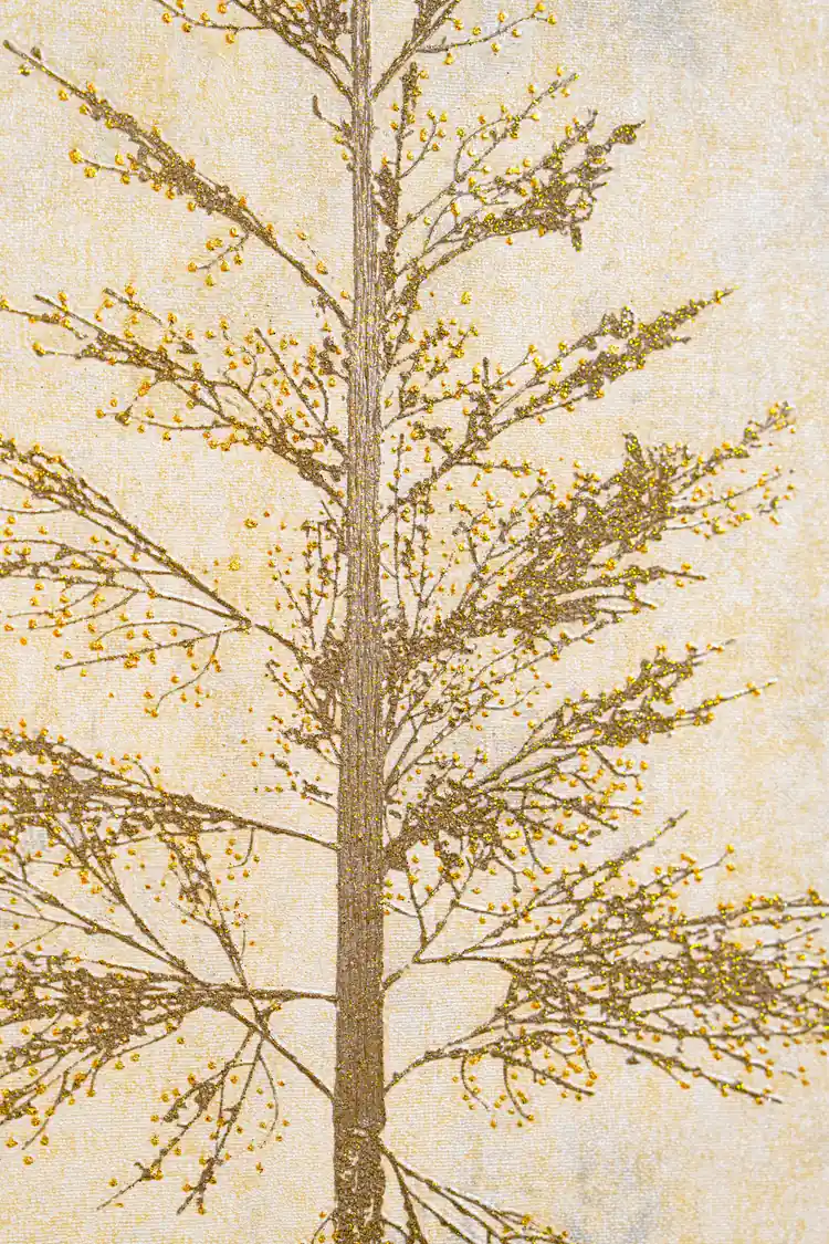 Detailed view of single golden pine tree with sparkling branch details on cream wallpaper