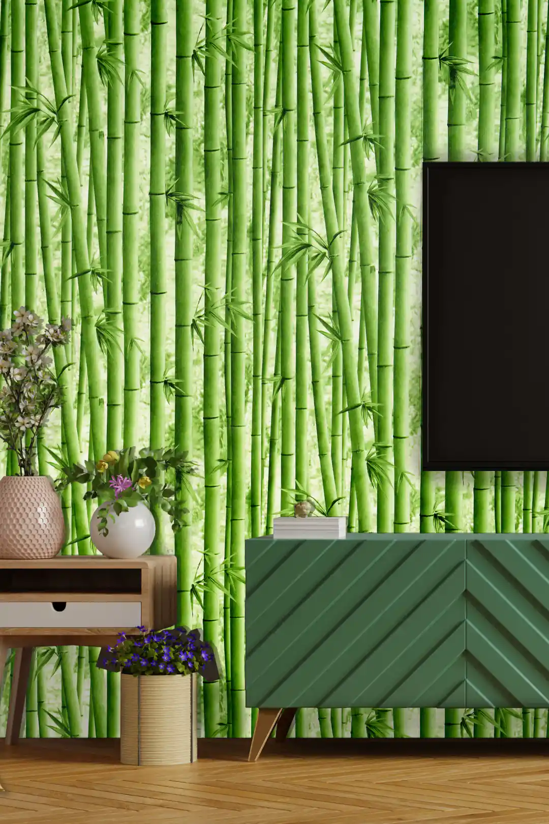 Lush green bamboo forest wallpaper installed behind a modern TV unit with decorative flowers and green cabinet