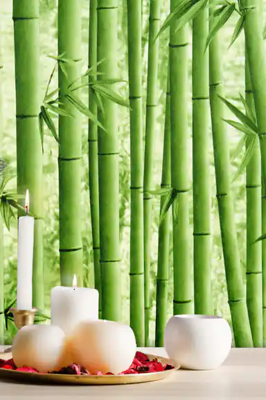 Installed bamboo wallpaper with tall green stalks behind a shelf with white candles and rose petals