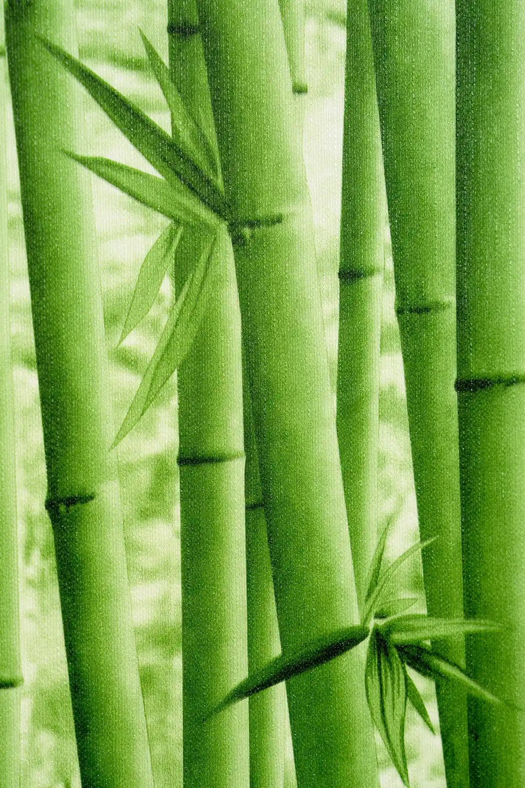 Close-up view of green bamboo stalks and leaves printed on textured wallpaper surface