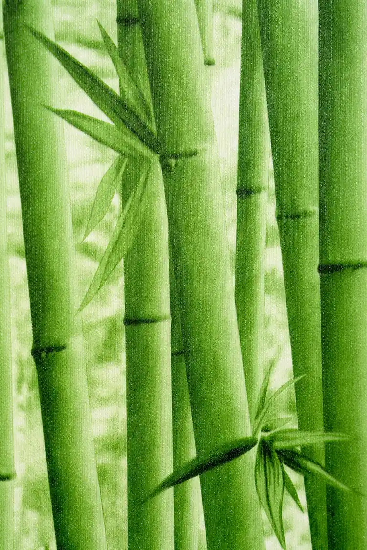 Close-up view of green bamboo stalks and leaves printed on textured wallpaper surface