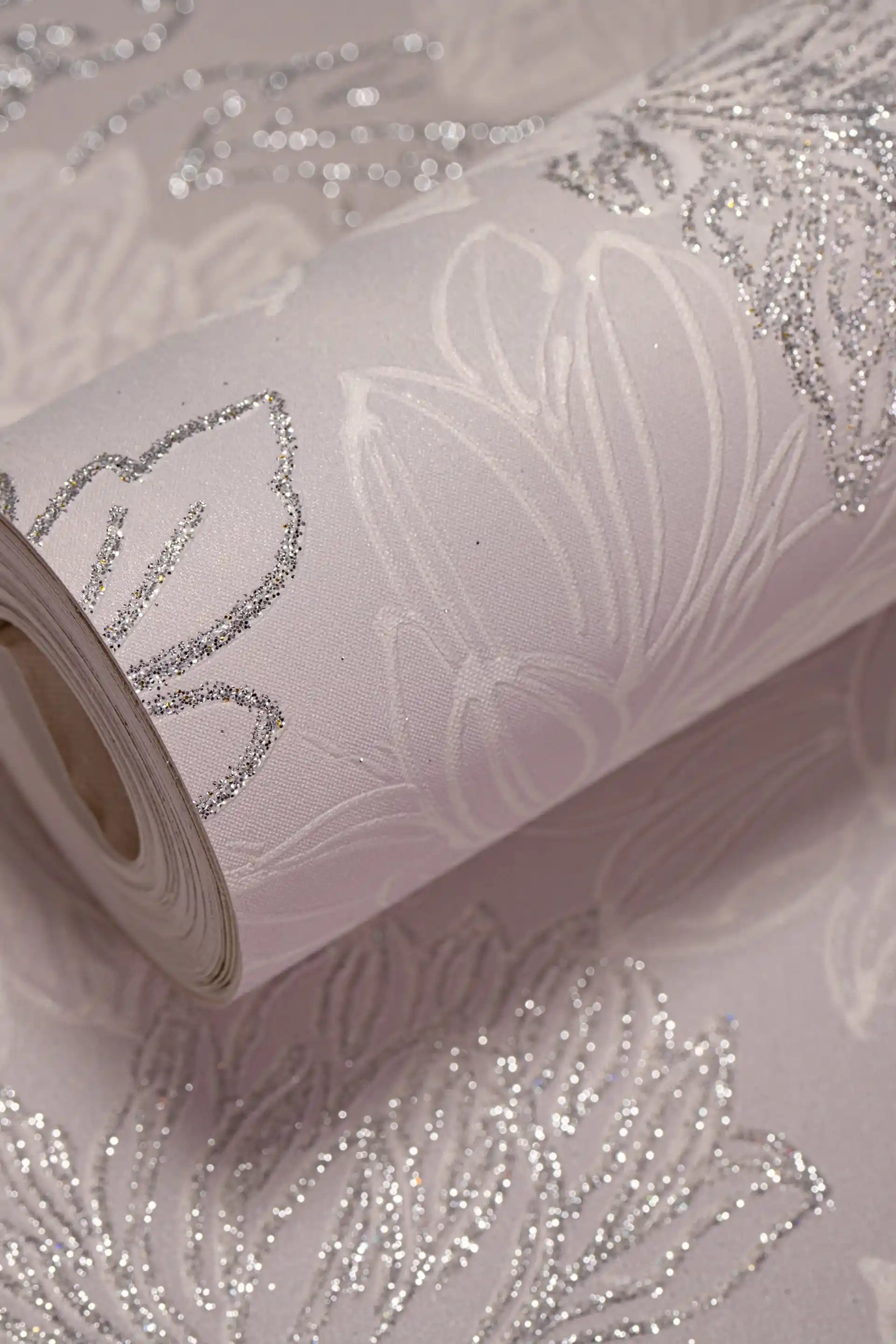 Soft Pink Chrysanthemum Wallpaper with Silver Glitter and Metallic Shimmer