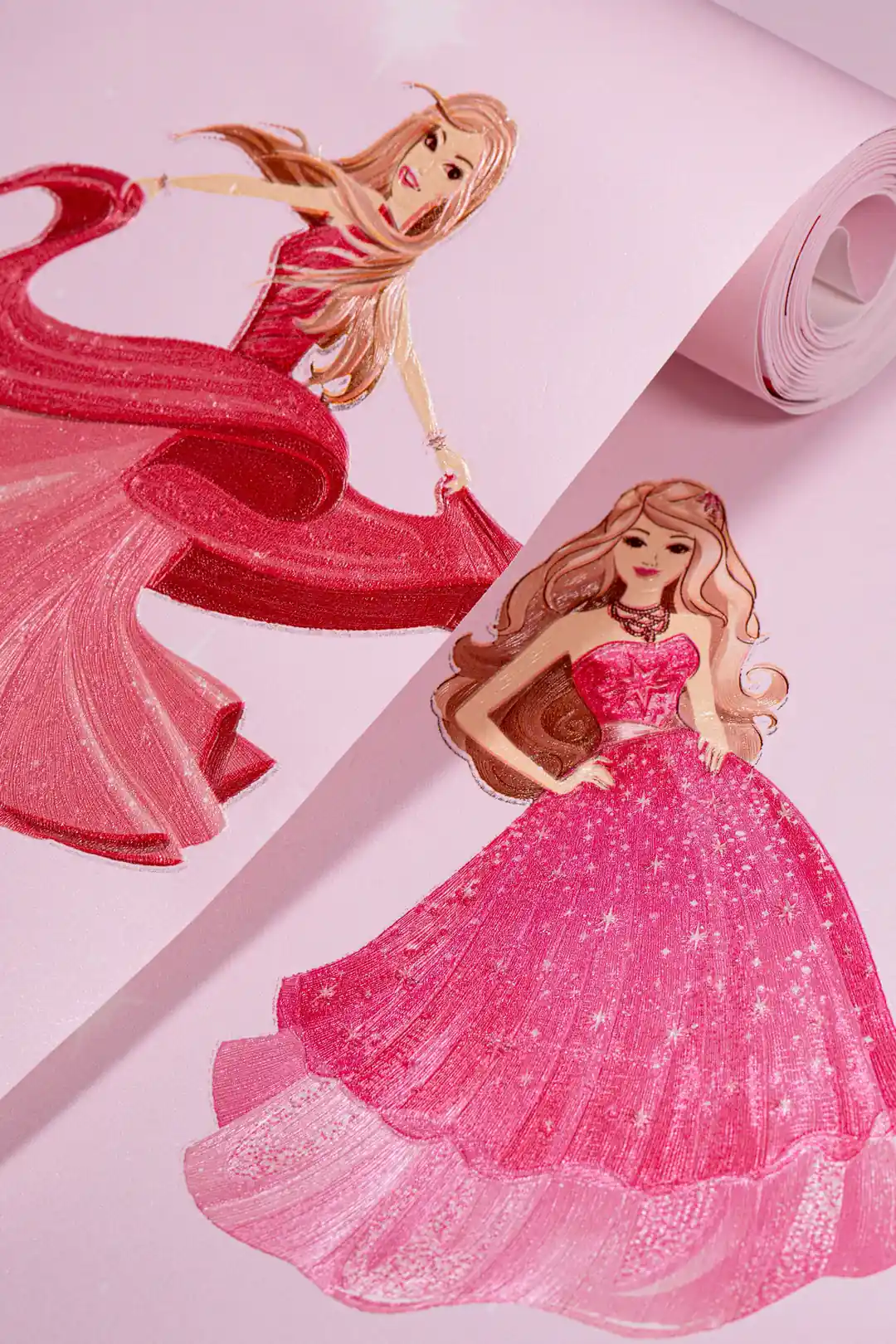 Pink princess wallpaper roll showing glittery princesses in flowing pink gowns with sparkle accents