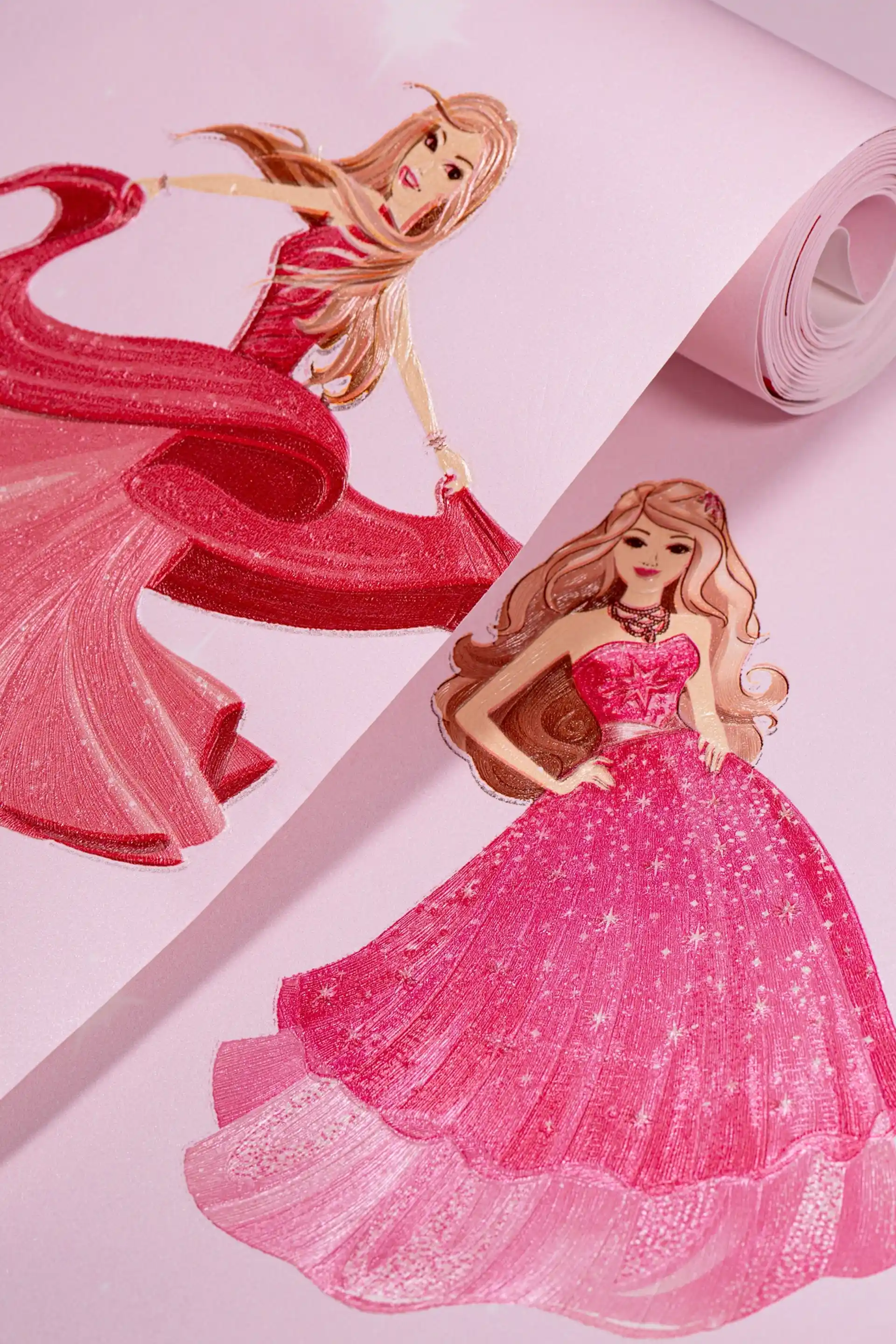 Fairytale Princess Castle with Glitter Stars on Pink Wallpaper for Girls