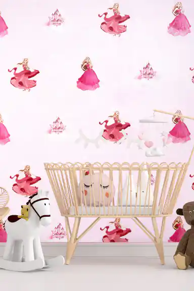 Fairytale princess wallpaper installed in a nursery with a wooden crib, rocking horse, and stuffed animals