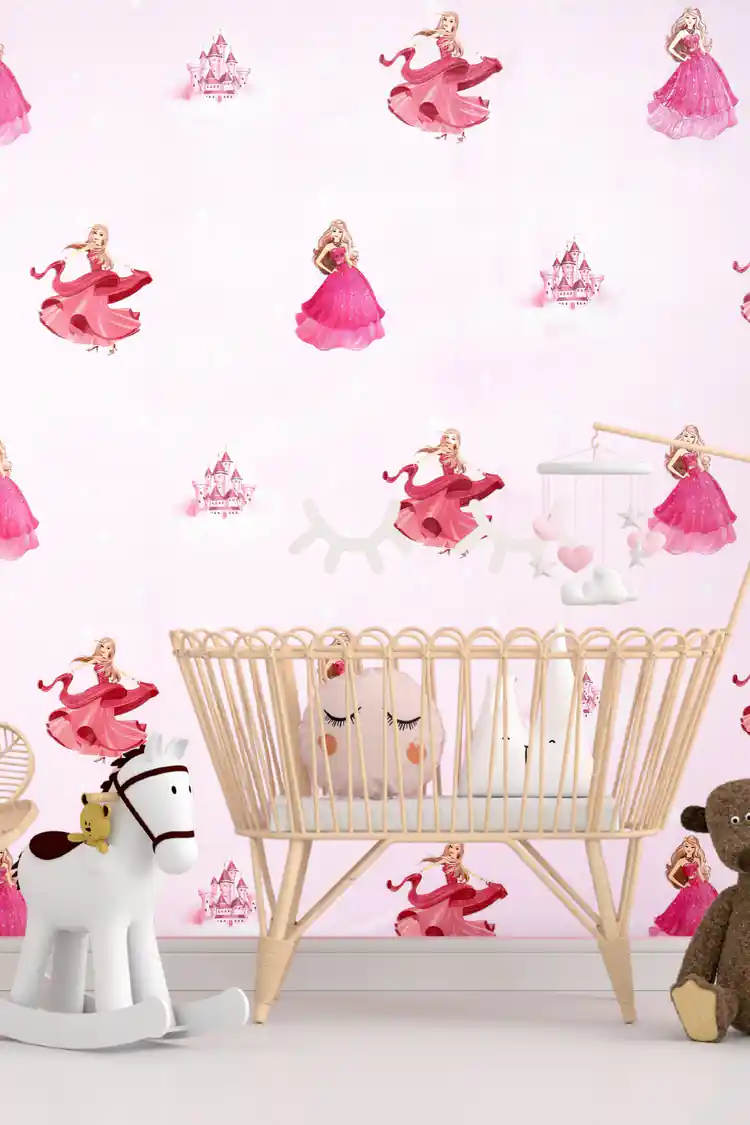 Fairytale princess wallpaper installed in a nursery with a wooden crib, rocking horse, and stuffed animals