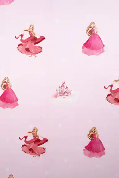 Full pattern view of pink princess and castle wallpaper showing scattered dancing princesses on soft pink base