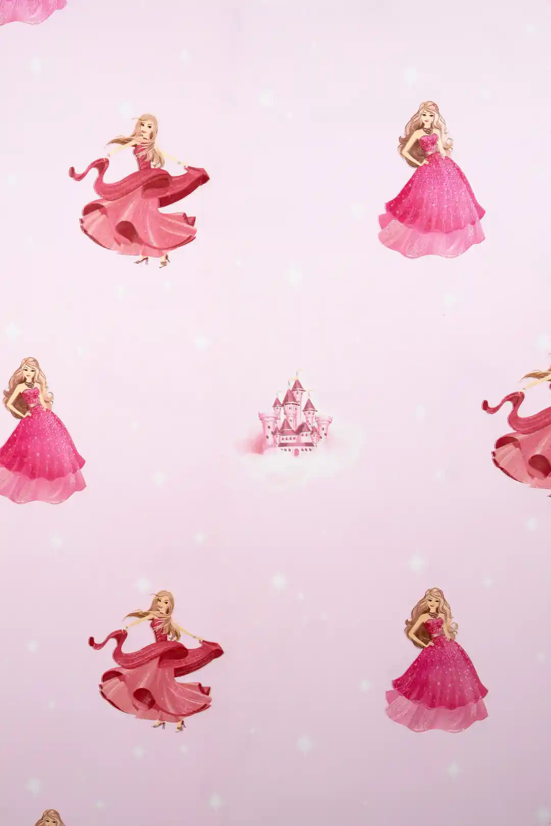 Full pattern view of pink princess and castle wallpaper showing scattered dancing princesses on soft pink base