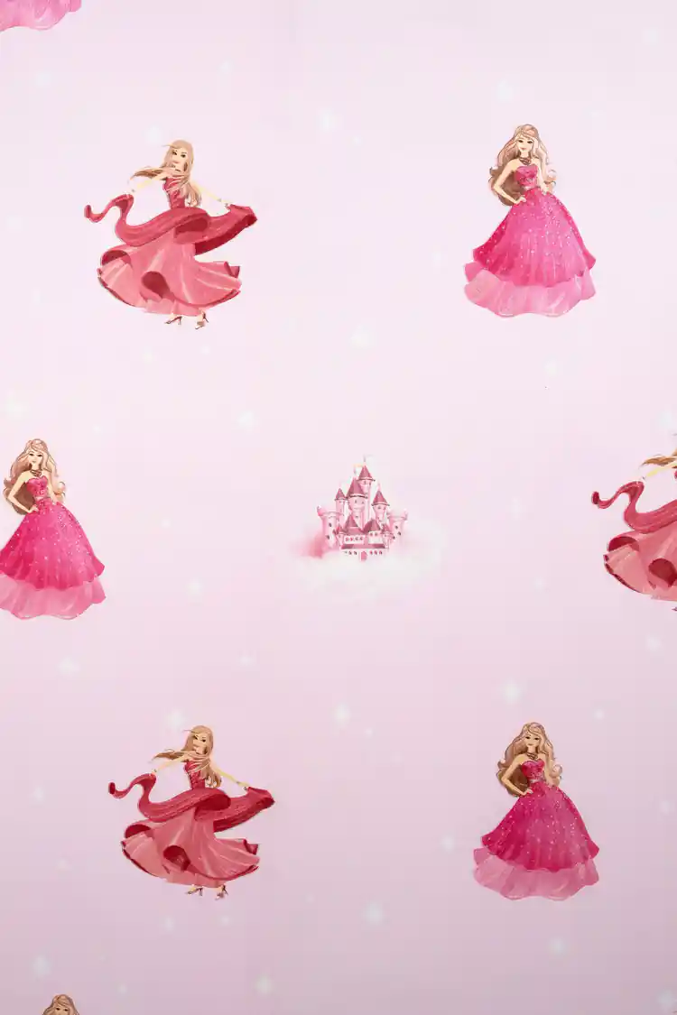 Full pattern view of pink princess and castle wallpaper showing scattered dancing princesses on soft pink base