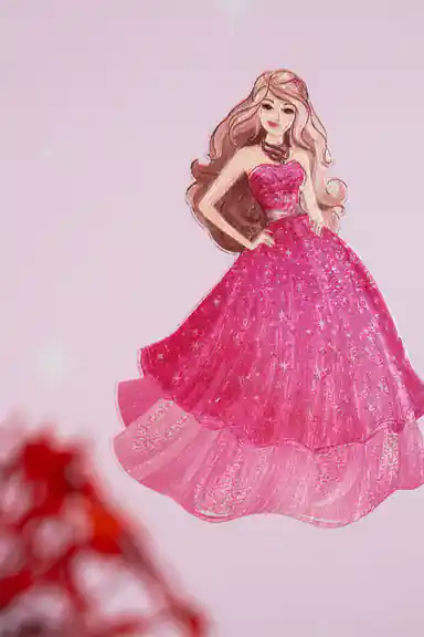 Close-up of a glittery princess in a sparkling pink ball gown printed on light pink wallpaper
