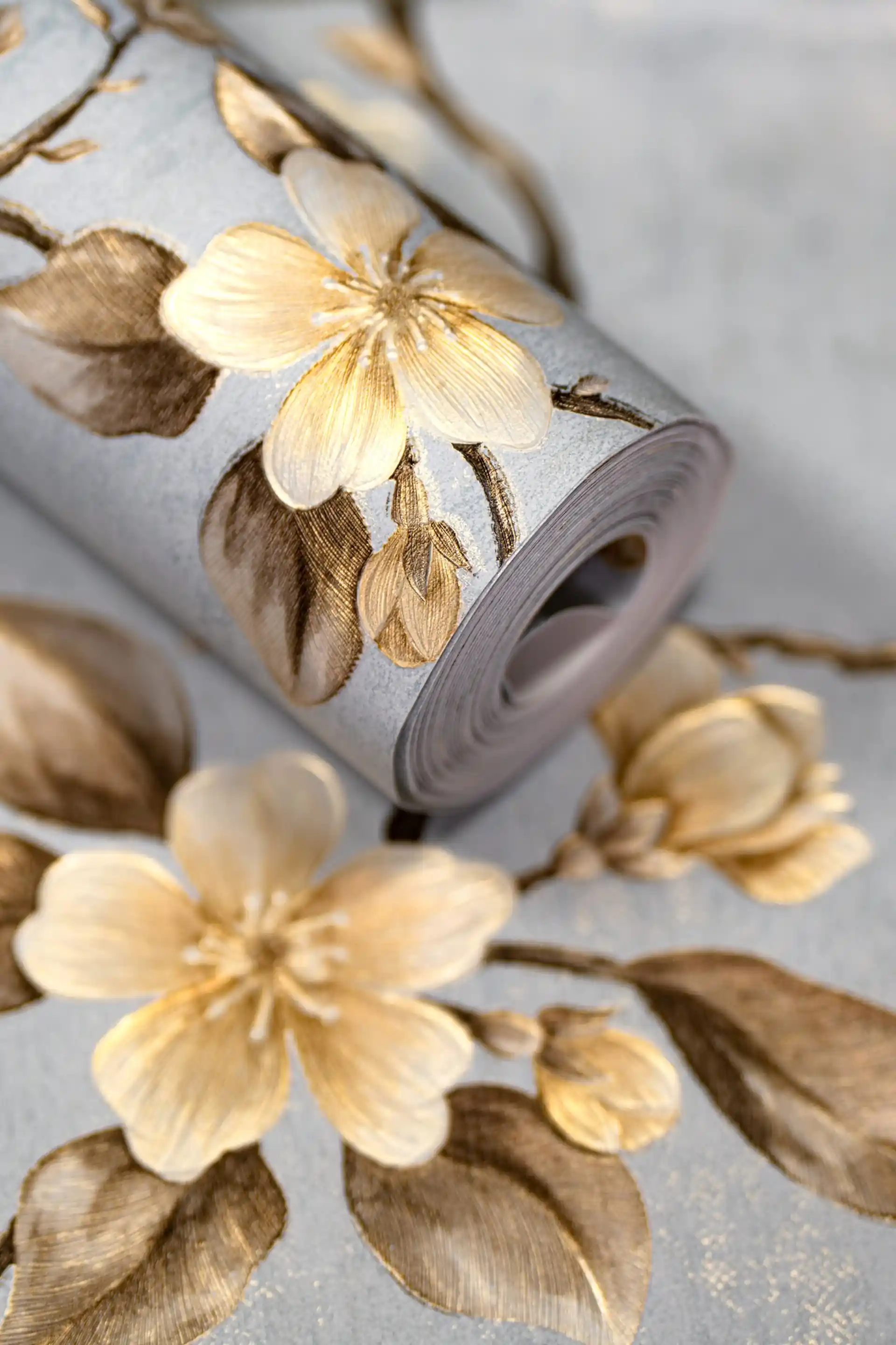 Soft blue cherry blossom wallpaper roll with gold-toned flowers and brown branches on a light blue base