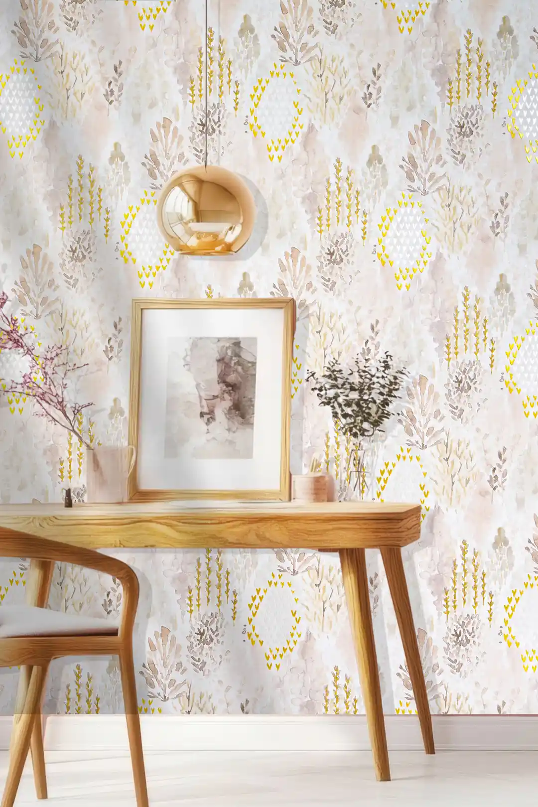 Installed shimmer wallpaper in a study with watercolor botanicals and gold heart diamonds behind a wooden desk and chair