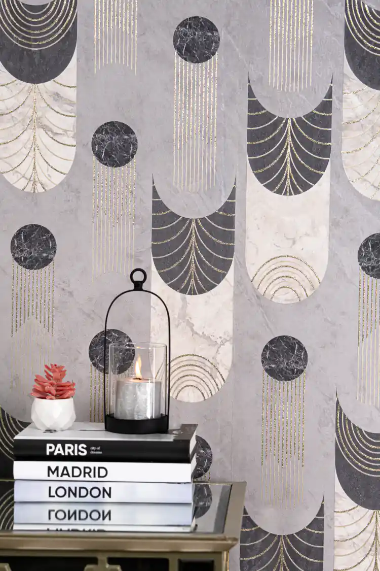 Grey art deco wallpaper with marble arch shapes, black circles, and cascading gold glitter lines