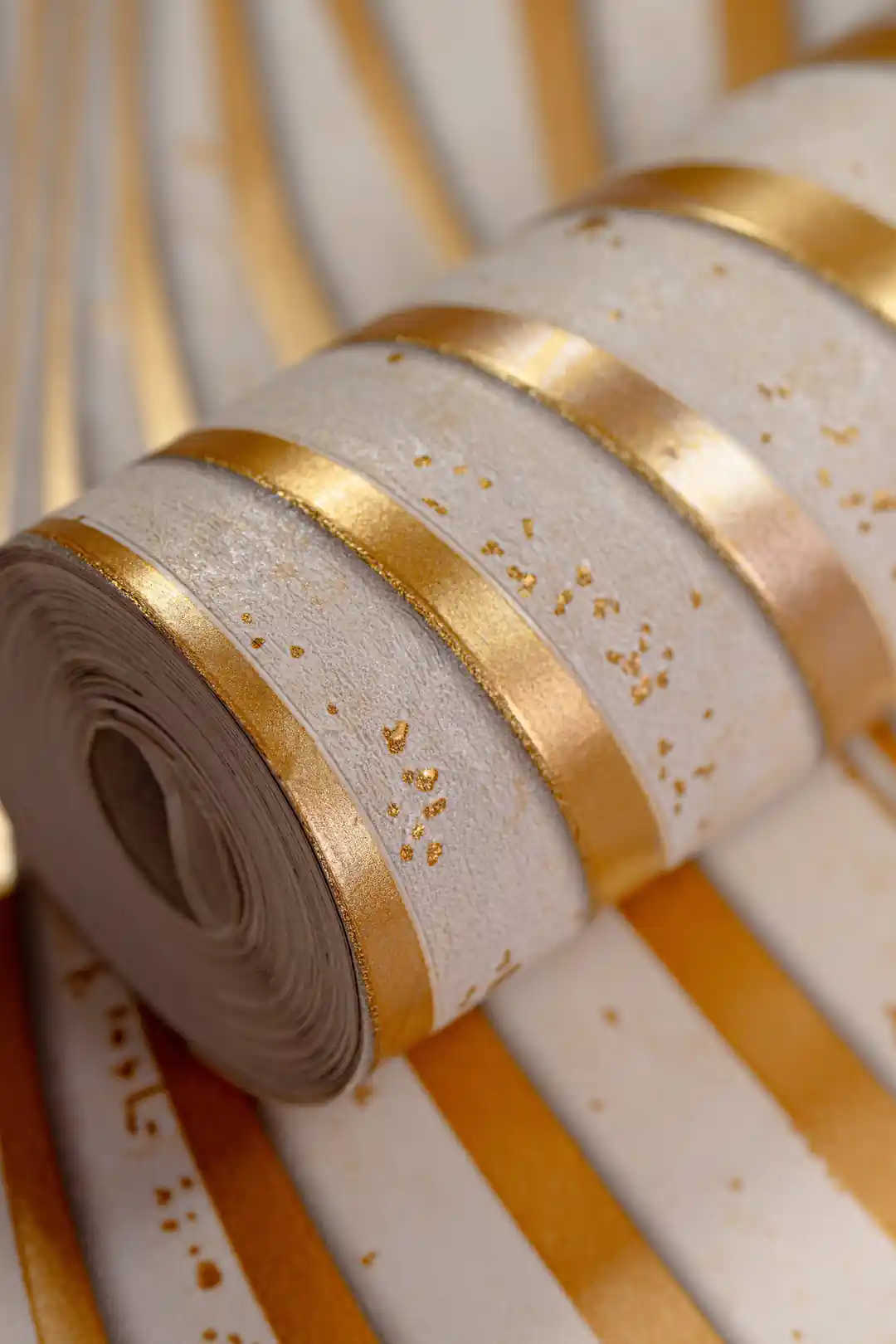 Cream wallpaper roll with 3D gold wavy stripes and metallic shimmer on a white textured background