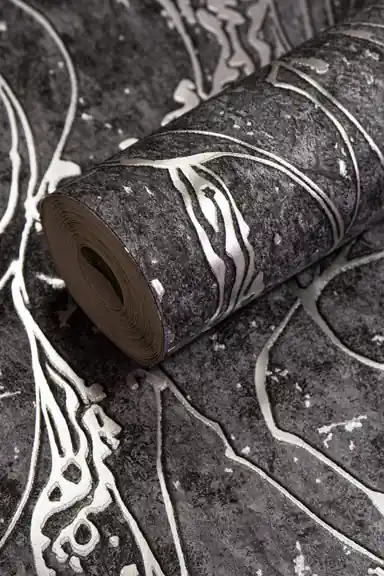 Dark grey abstract wallpaper roll with silver metallic swirling lines on a textured charcoal background