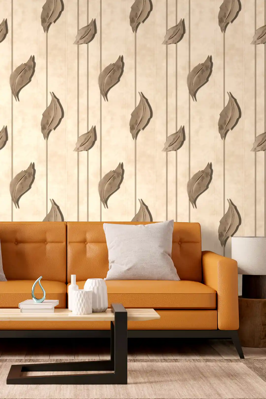 Living room with cream floating leaf wallpaper behind a tan leather sofa with coffee table and decor items
