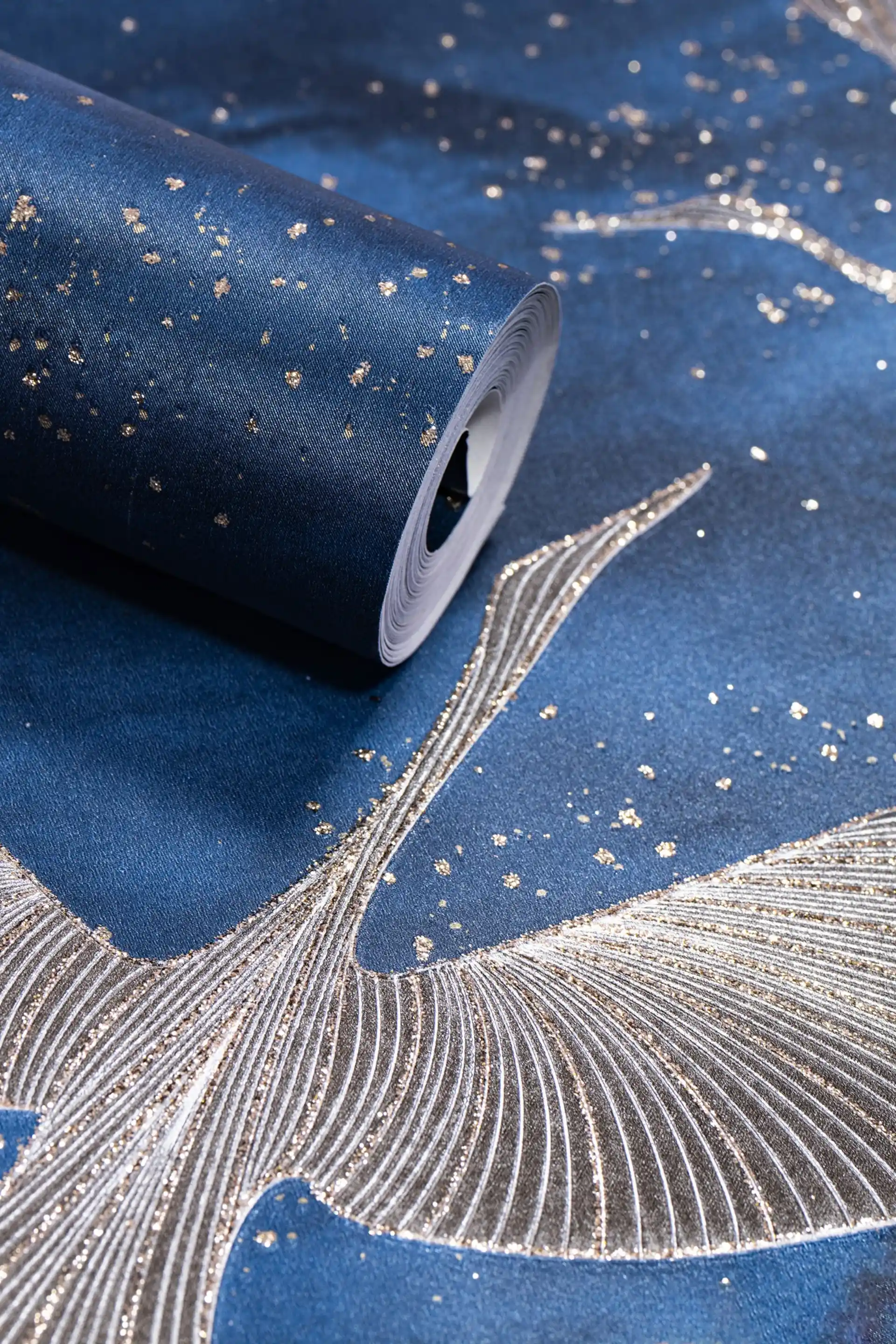 Silver Gold Flying Birds on Deep Blue Wallpaper with Glitter and Metallic Accents