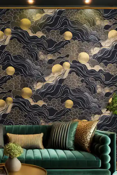 Living room with black cloud and golden sun wallpaper behind a green velvet sofa with gold accent pillows