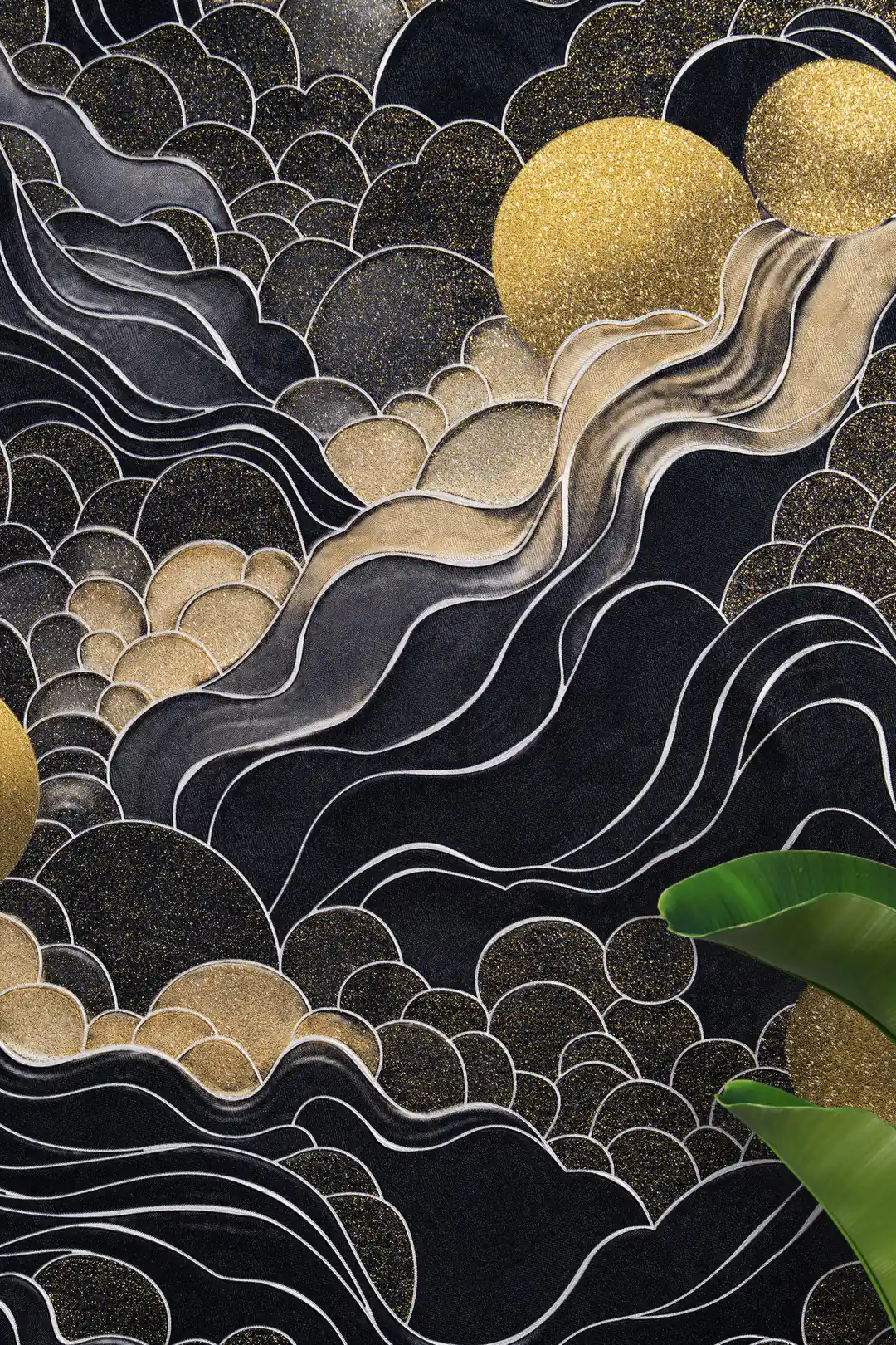 Close-up of golden sun orbs and swirling marble wave patterns among black scalloped clouds on wallpaper