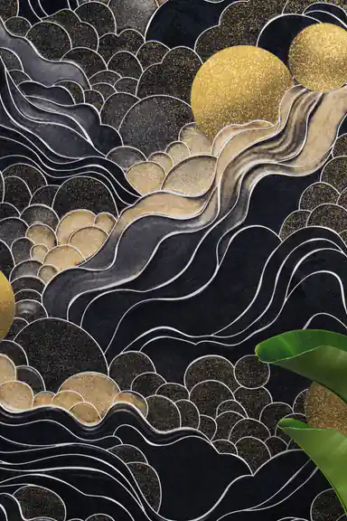 Close-up of golden sun orbs and swirling marble wave patterns among black scalloped clouds on wallpaper