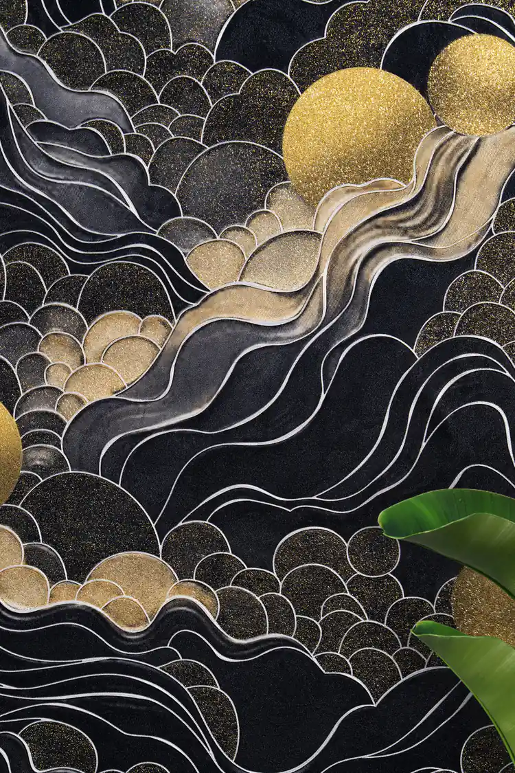 Close-up of golden sun orbs and swirling marble wave patterns among black scalloped clouds on wallpaper