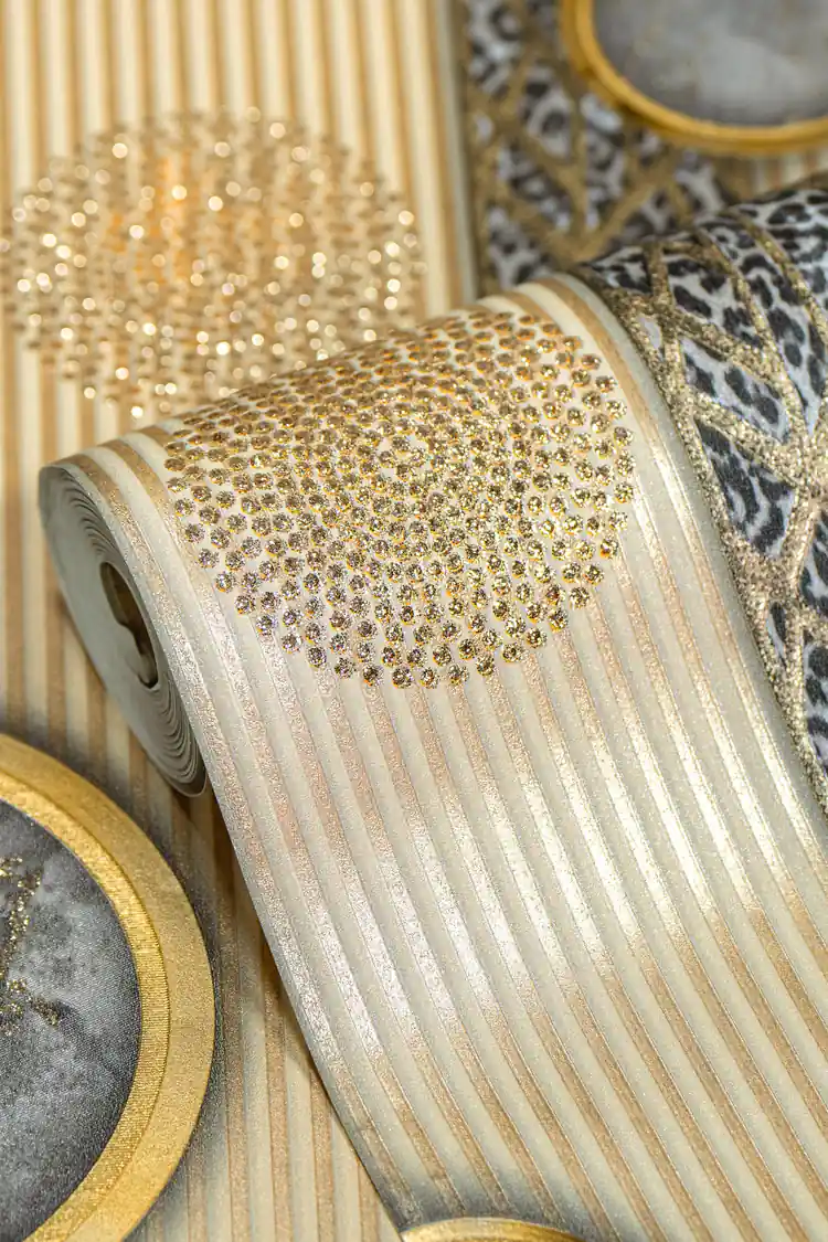 Rolled cream and gold striped wallpaper with leopard print bands, glitter circles, and marble medallions