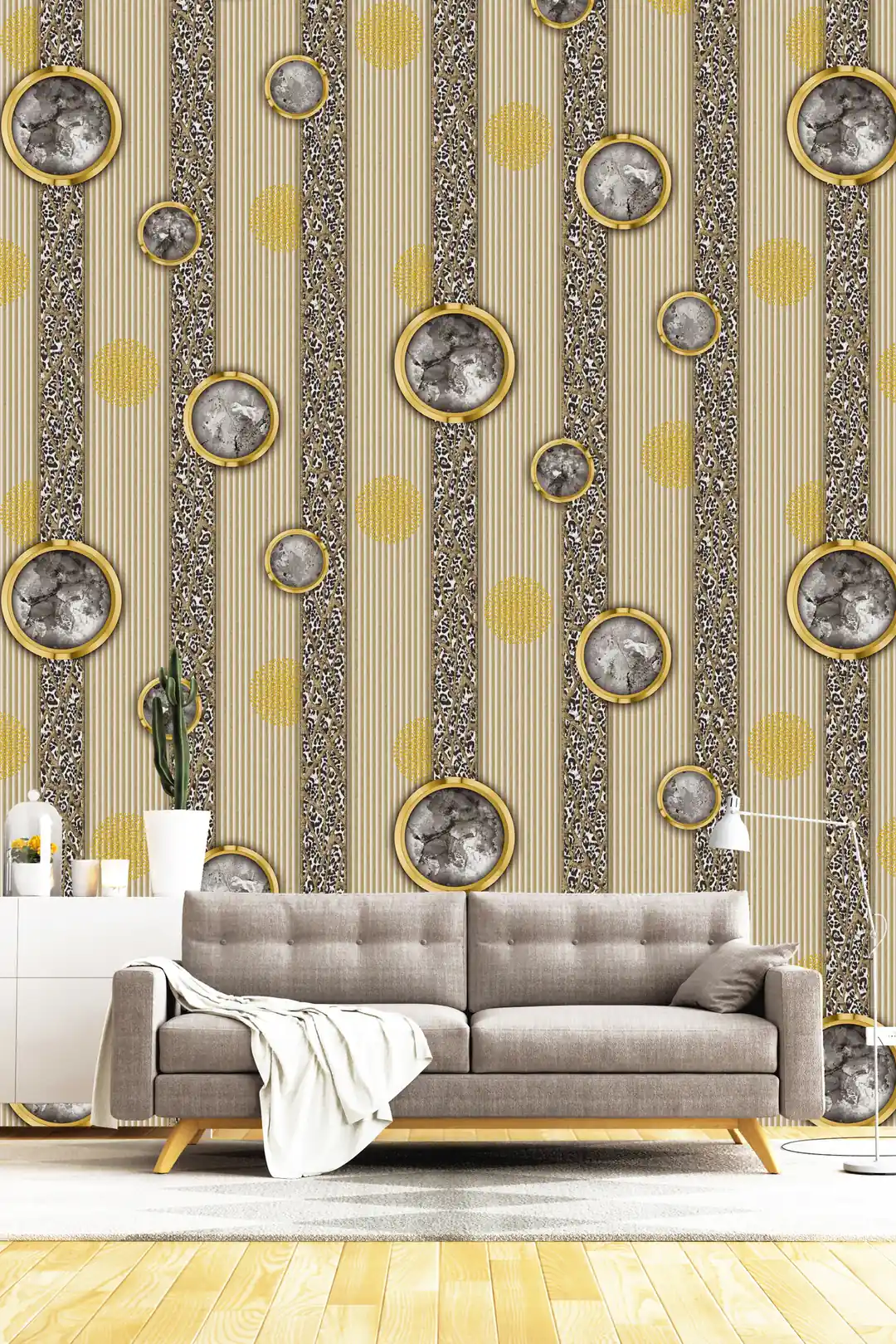 Cream and gold leopard stripe wallpaper installed in a living room with grey sofa and decorative circles