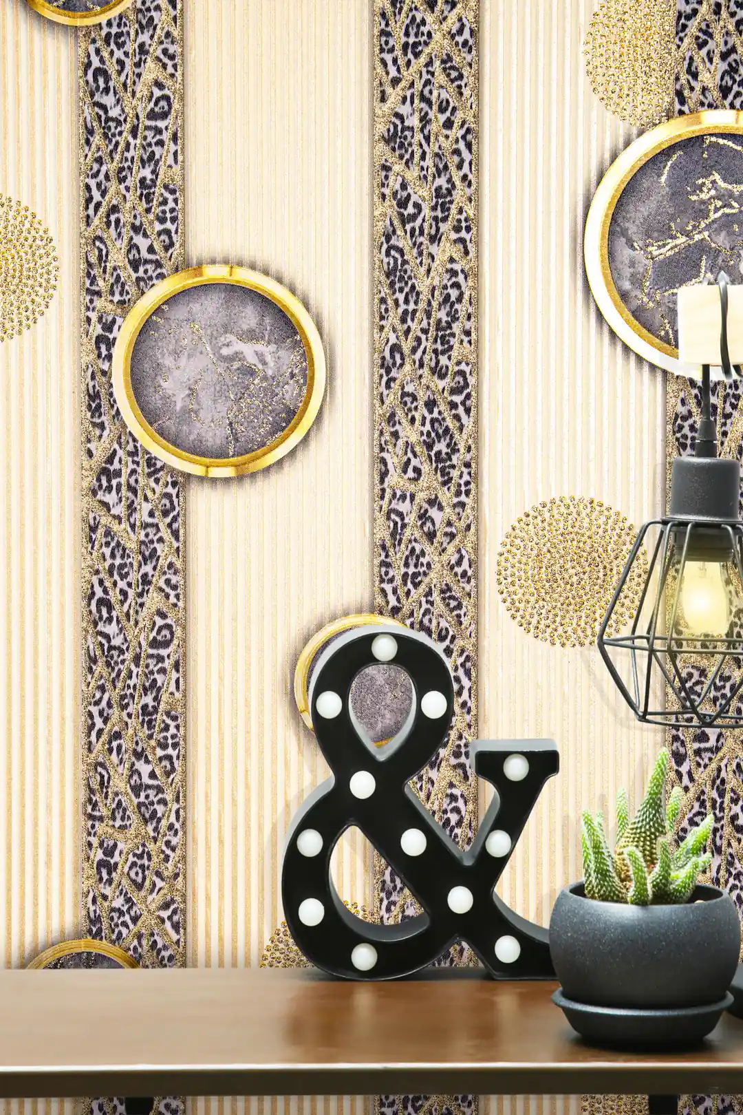 Close-up of installed wallpaper showing leopard print stripe, gold circles, and decorative accents on a shelf