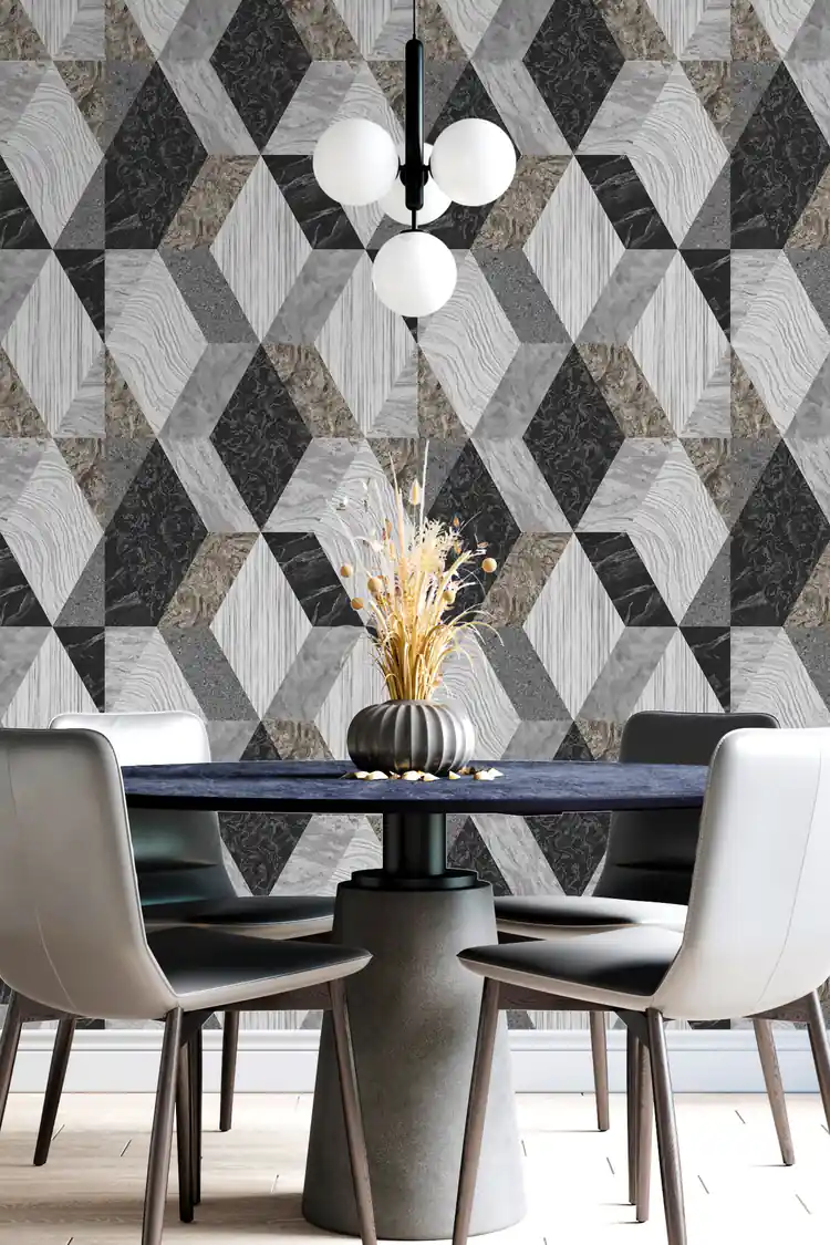 Grey marble 3D cube-effect geometric wallpaper in a modern dining room with round table and pendant light fixture
