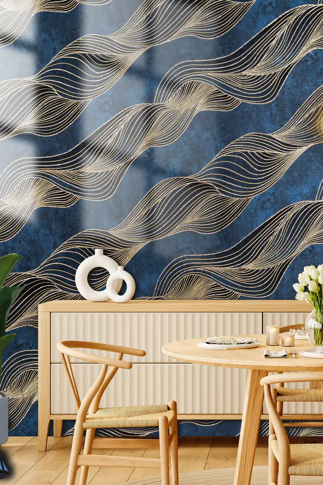 Navy blue wallpaper with flowing gold wave pattern installed in a dining room with wooden furniture