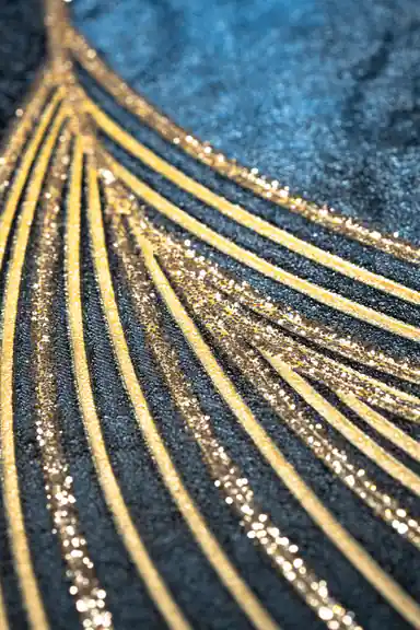 Extreme close-up of gold glitter swirl lines radiating outward on dark navy textured wallpaper surface