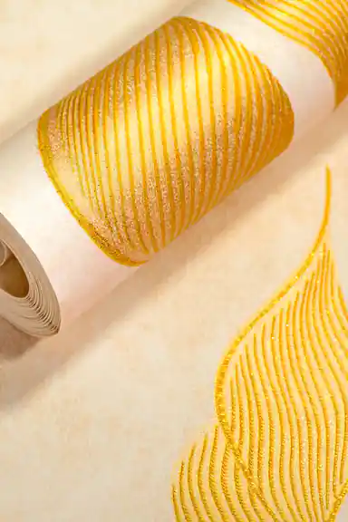 Rolled cream wallpaper with gold embossed calla lily petal pattern and glitter striped leaf accents