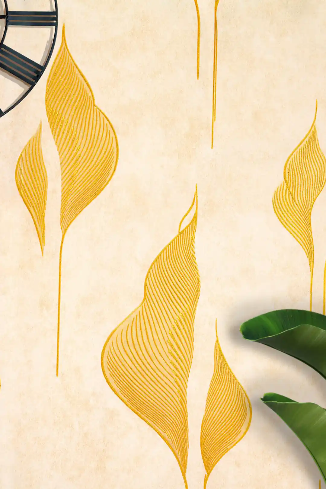 Installed view of cream wallpaper with gold lily petals beside a wall clock and tropical monstera leaf