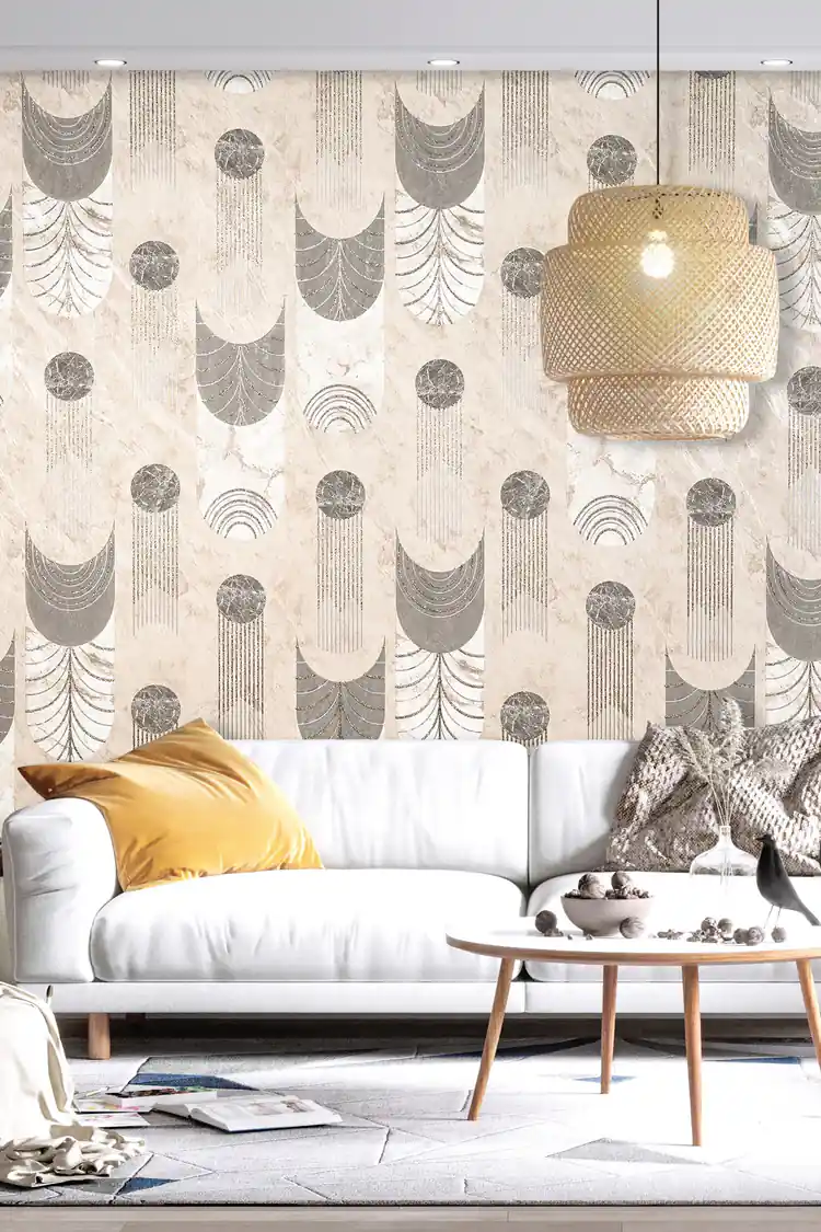 Beige deco marble arches wallpaper installed in a modern living room with white sofa and rattan pendant