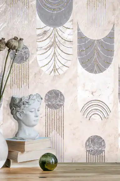 Close-up of installed wallpaper showing grey marble arches and orbs with a classical bust sculpture