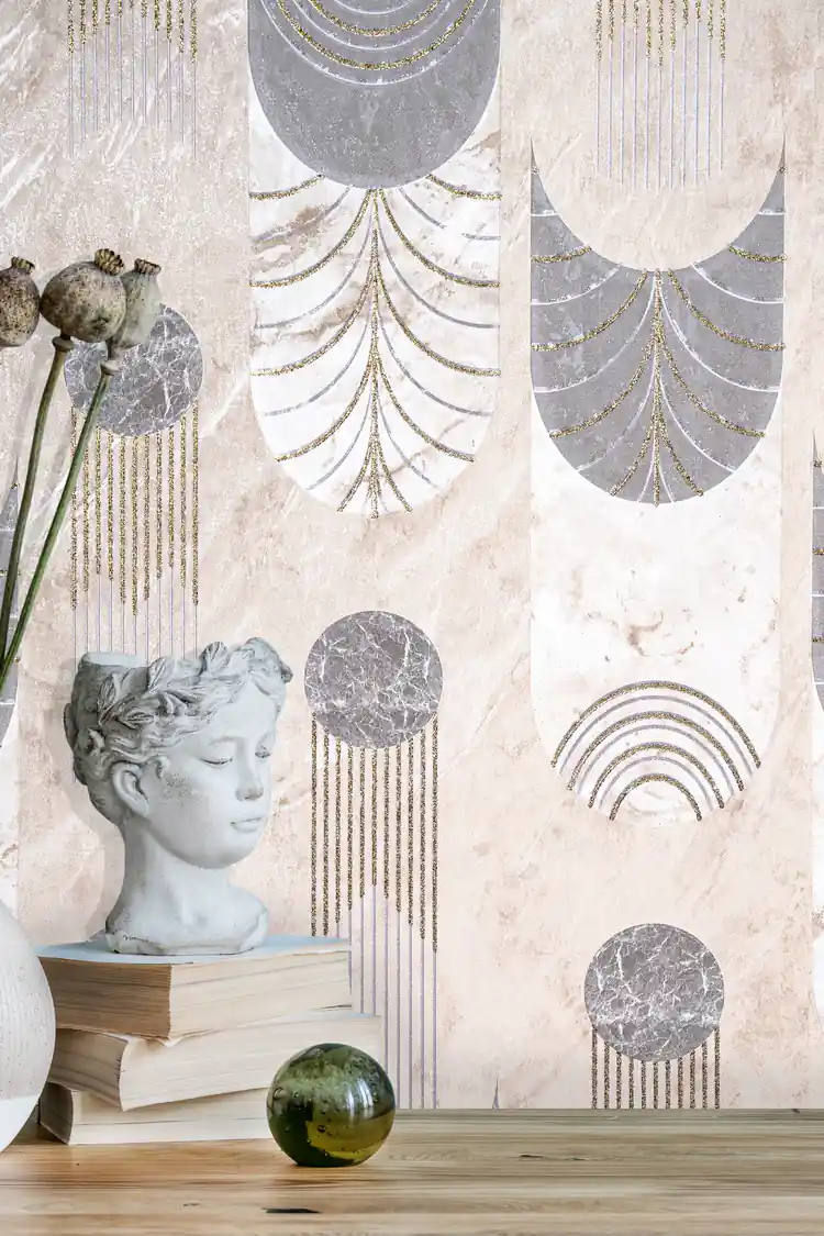 Close-up of installed wallpaper showing grey marble arches and orbs with a classical bust sculpture