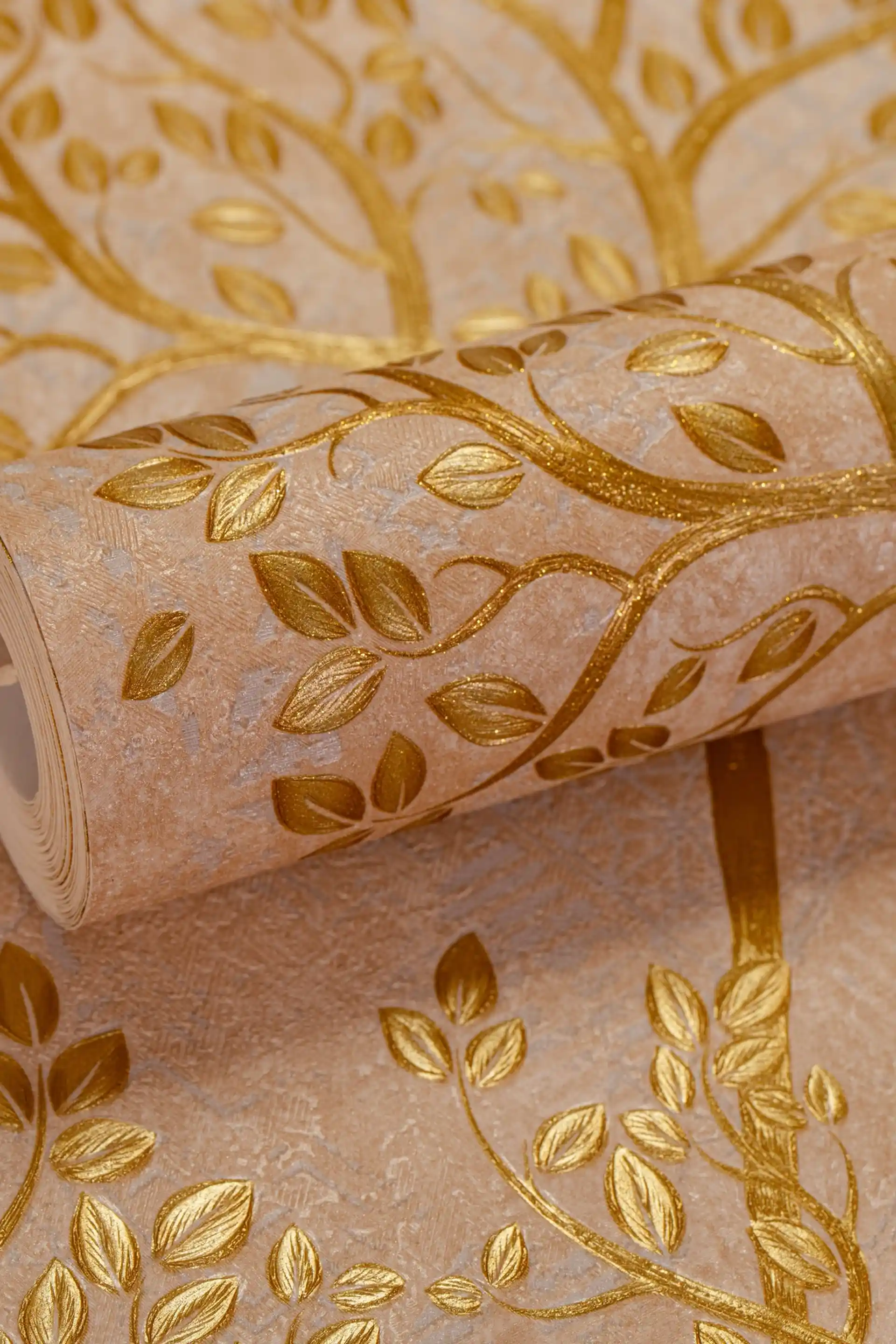 Embossed Tree Branches Wallpaper with Golden Glitter Leaves