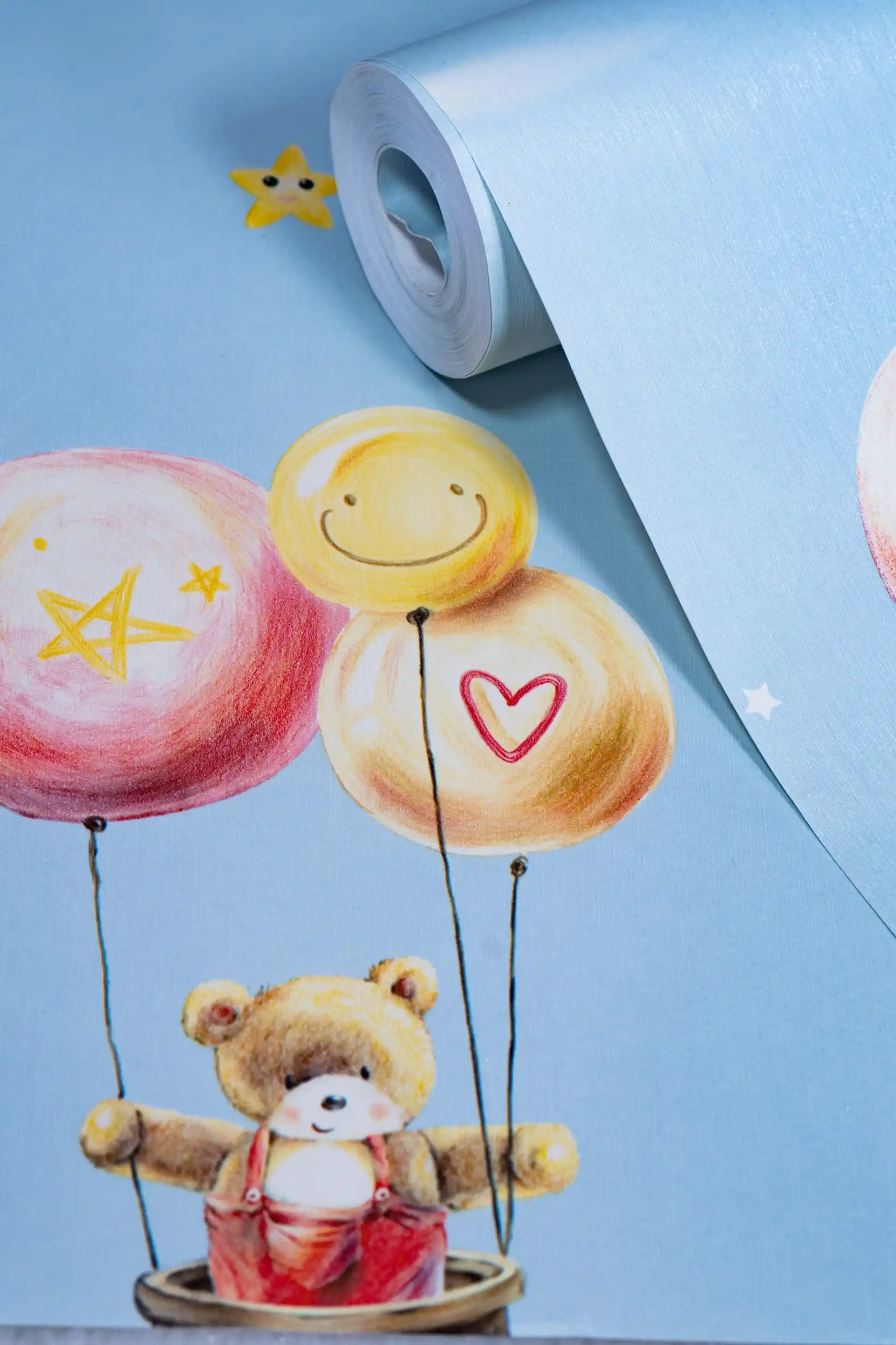 Cute Teddy Bears with Balloons on Blue Sky Wallpaper for Kids