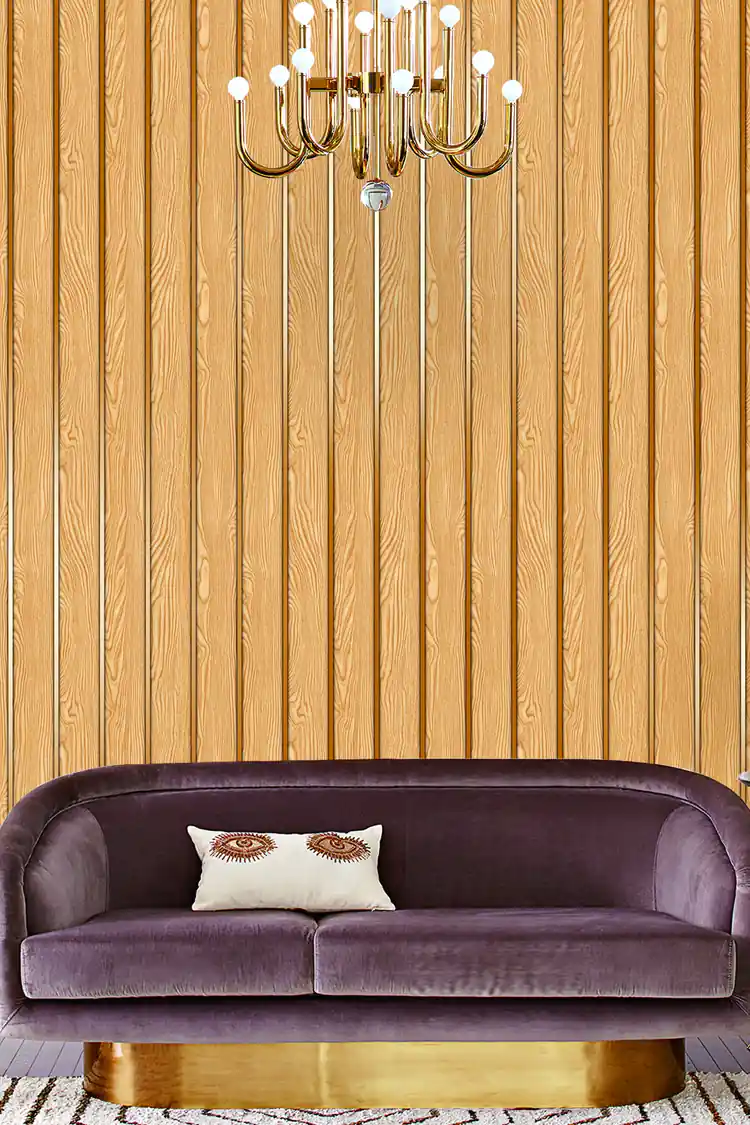 Oak wood slat wallpaper installed in a living room with chandelier and purple velvet sofa on gold base