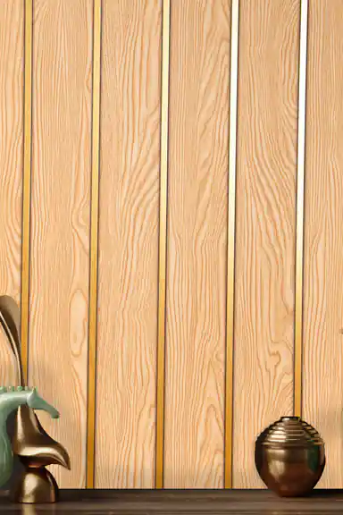 Installed wall view of oak wood slat wallpaper with golden strips beside decorative sculptures and vases